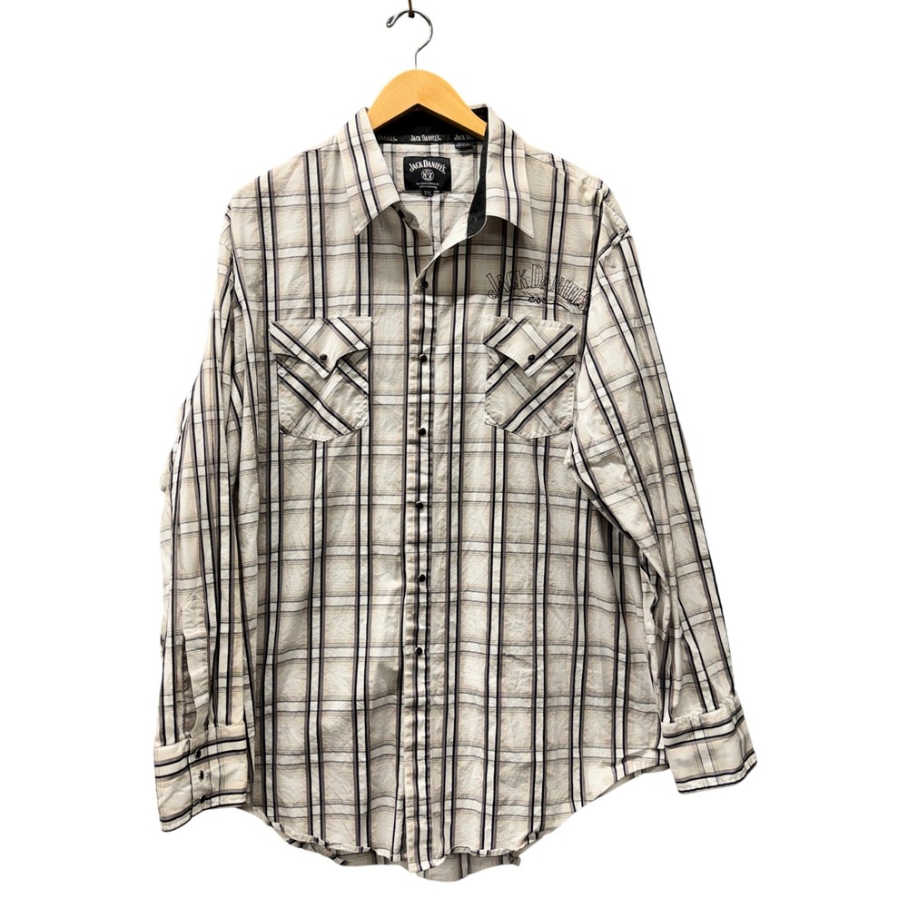 Jack Daniels Pearl Snap Shirt Mens XXL Western Plaid Gray White Whiskey